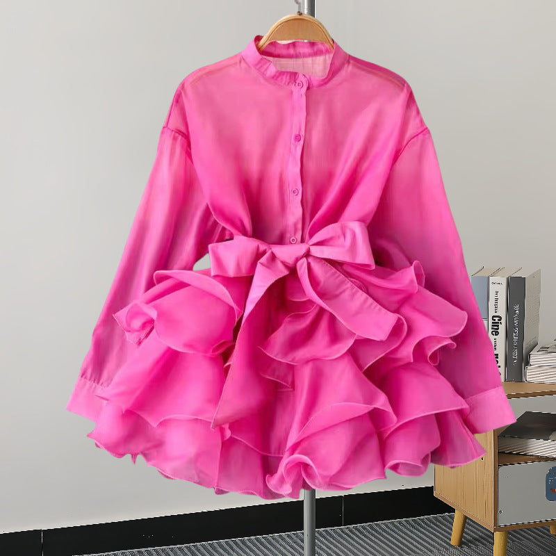 Pure Color Ruffles Long-sleeved Shirt Niche Dresses