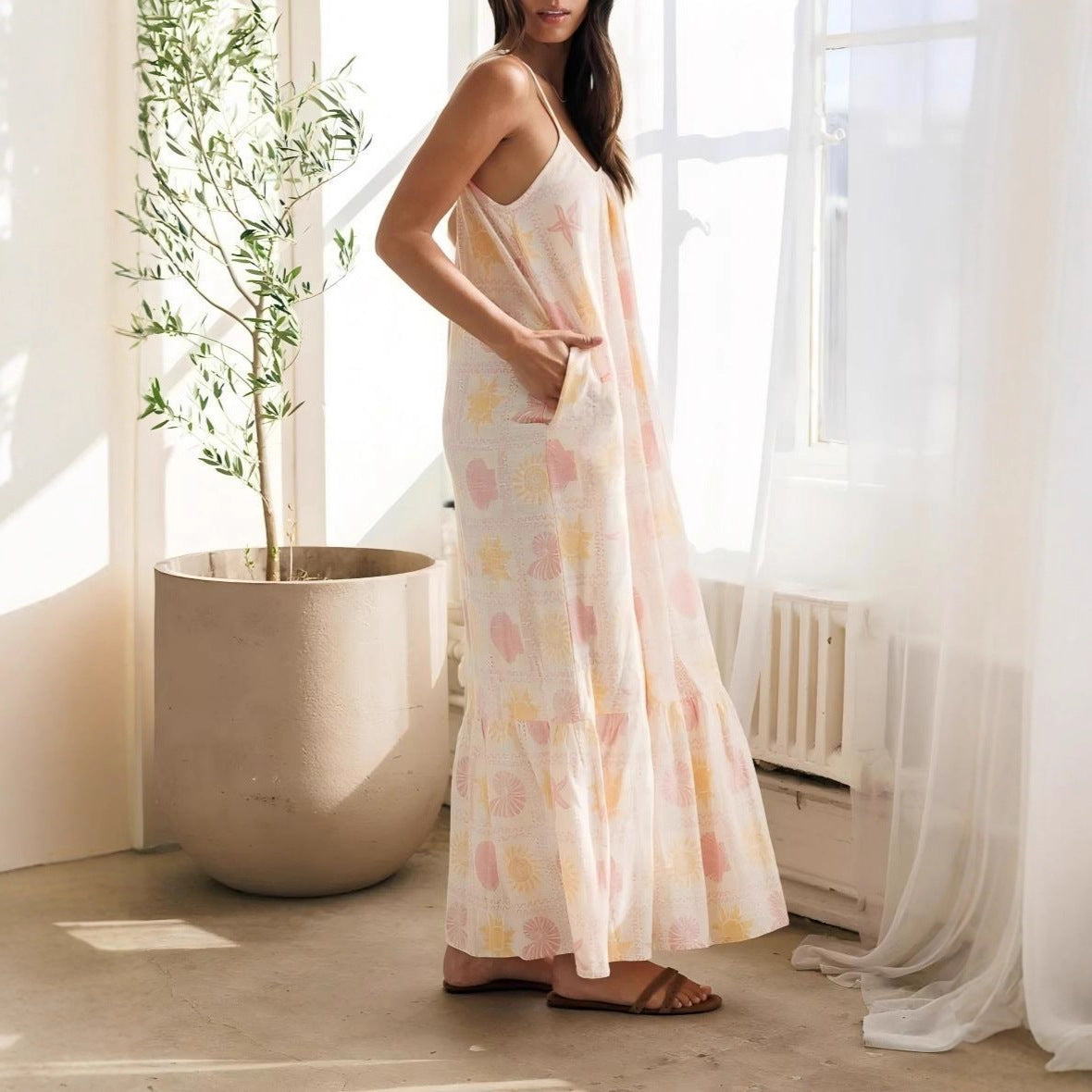 Women's Fashionable Elegant Casual Strap Pocket Printed Dress