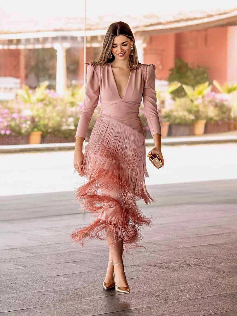 Elegant Autumn Fashion Deep Tassels Long Dresses