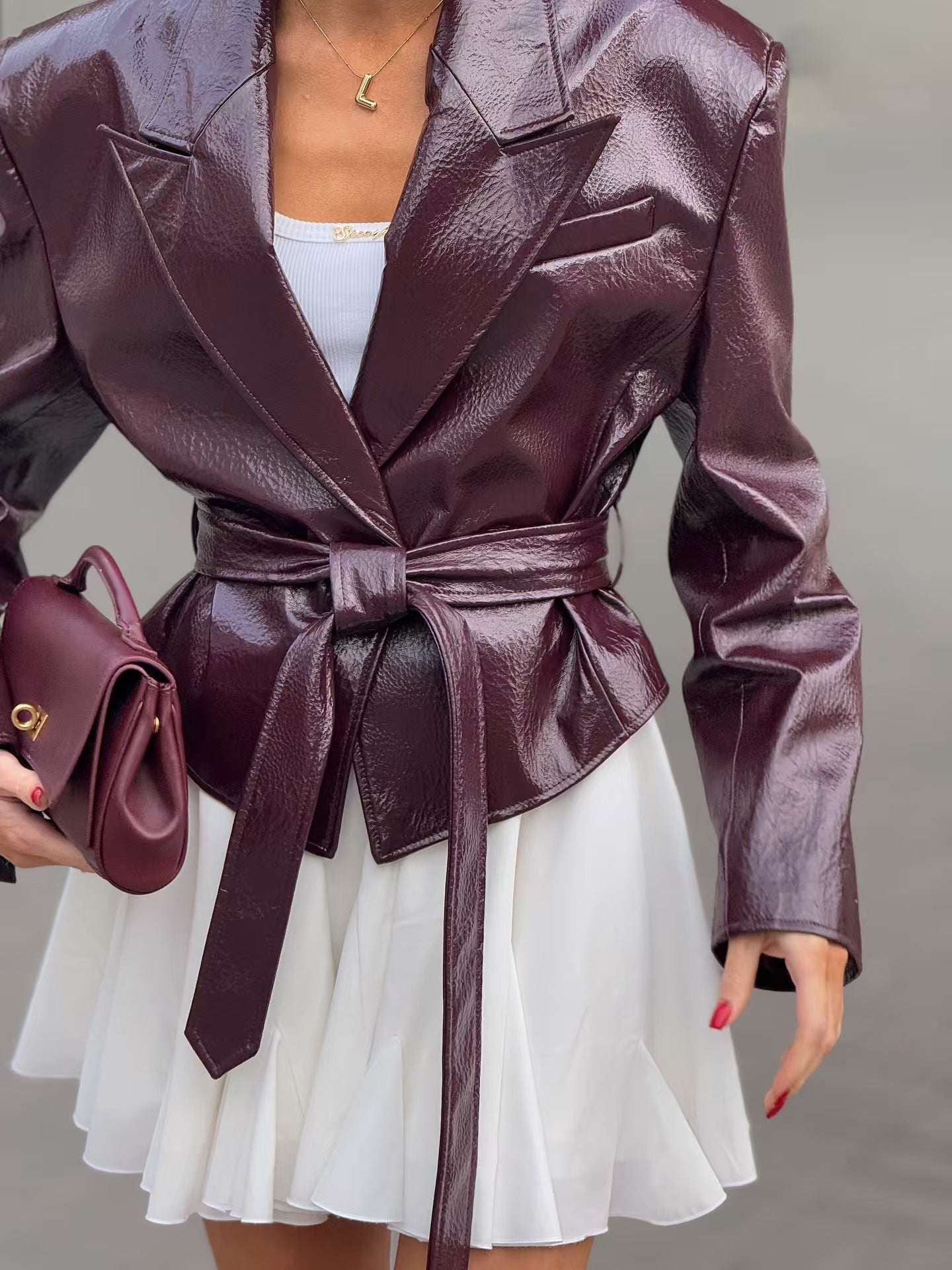 Pattern Leather Slim Fit Fitted Waist Jackets