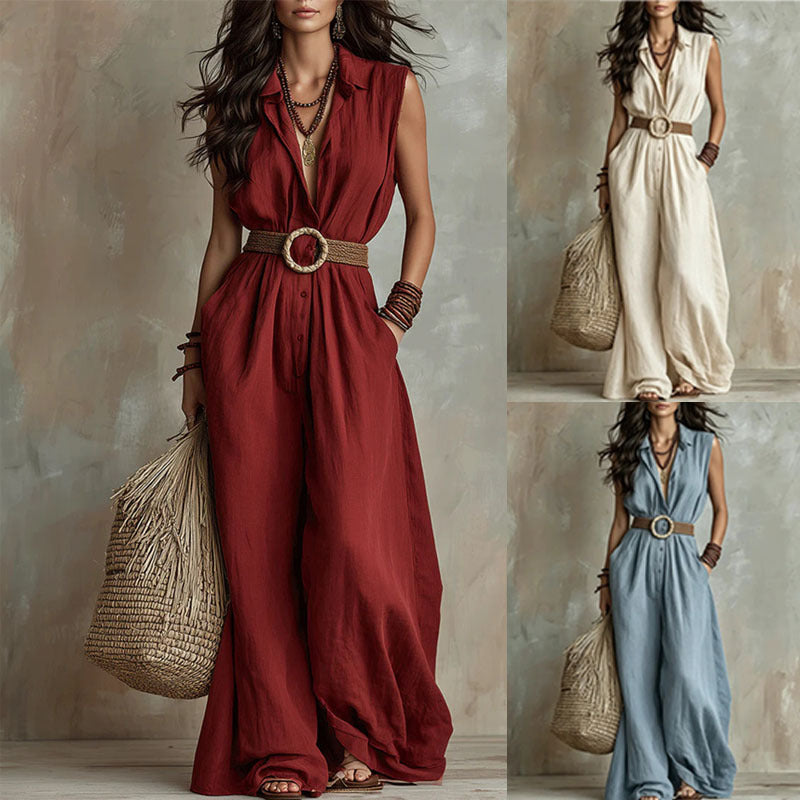Women's Vacation Style Sleeveless Lapel Waist Tight Slimming Wide Leg Casual Women's Jumpsuit/clothing
