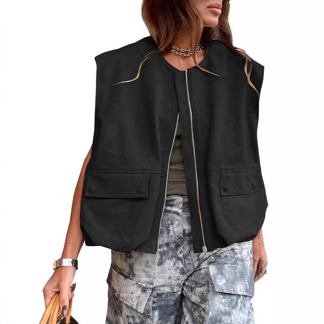 Women's Sleeveless Pocket Loose-fitting Waistcoat Zip Fashion Women's Vest