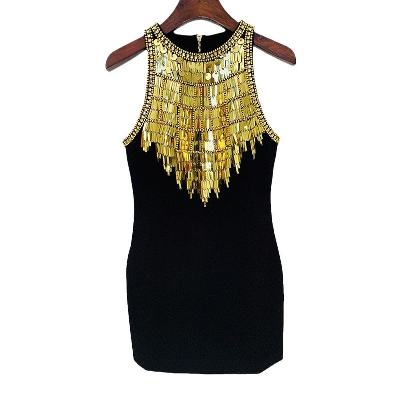 Fashion Metal Sheet Beads Rhinestones Stretch Dress