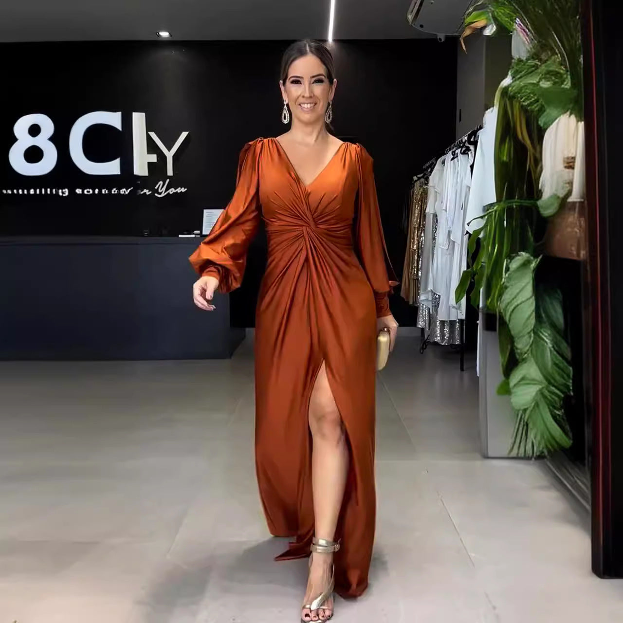 Long Sleeve Slim Fit Slit Temperament Dresses