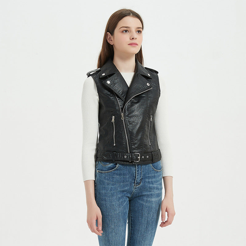 Women's Solid Color Slim Motorcycle Lapel Belt Zipper Jackets