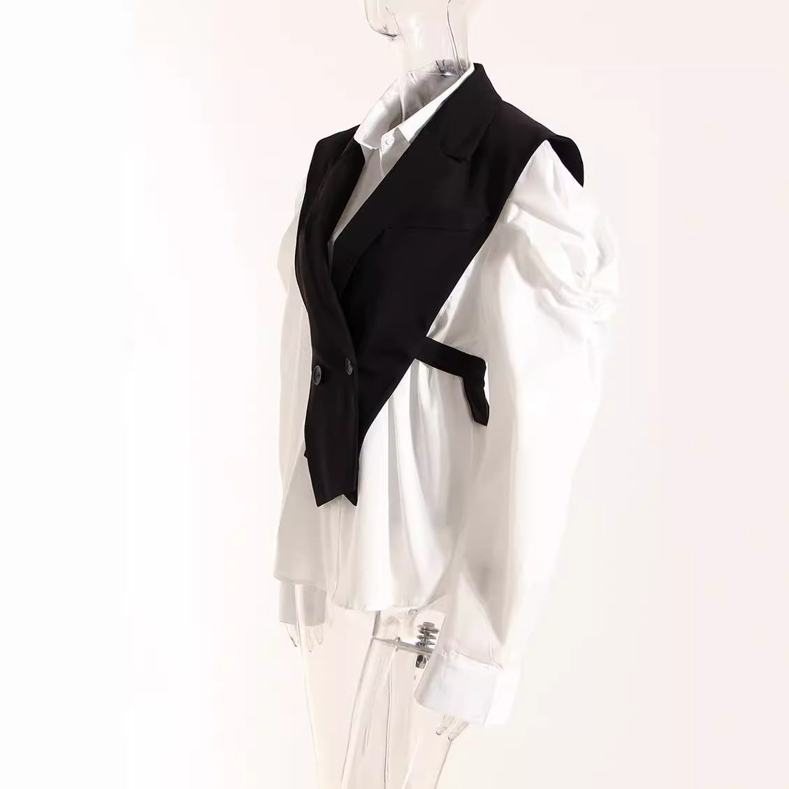 Slimming Puff Sleeve White Shirt Waist Trimming Lace Blouses
