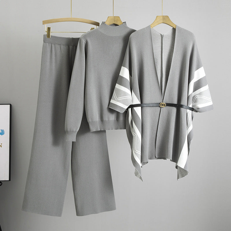 Women's Casual Knitted Shawl Turtleneck Wide Leg Suits