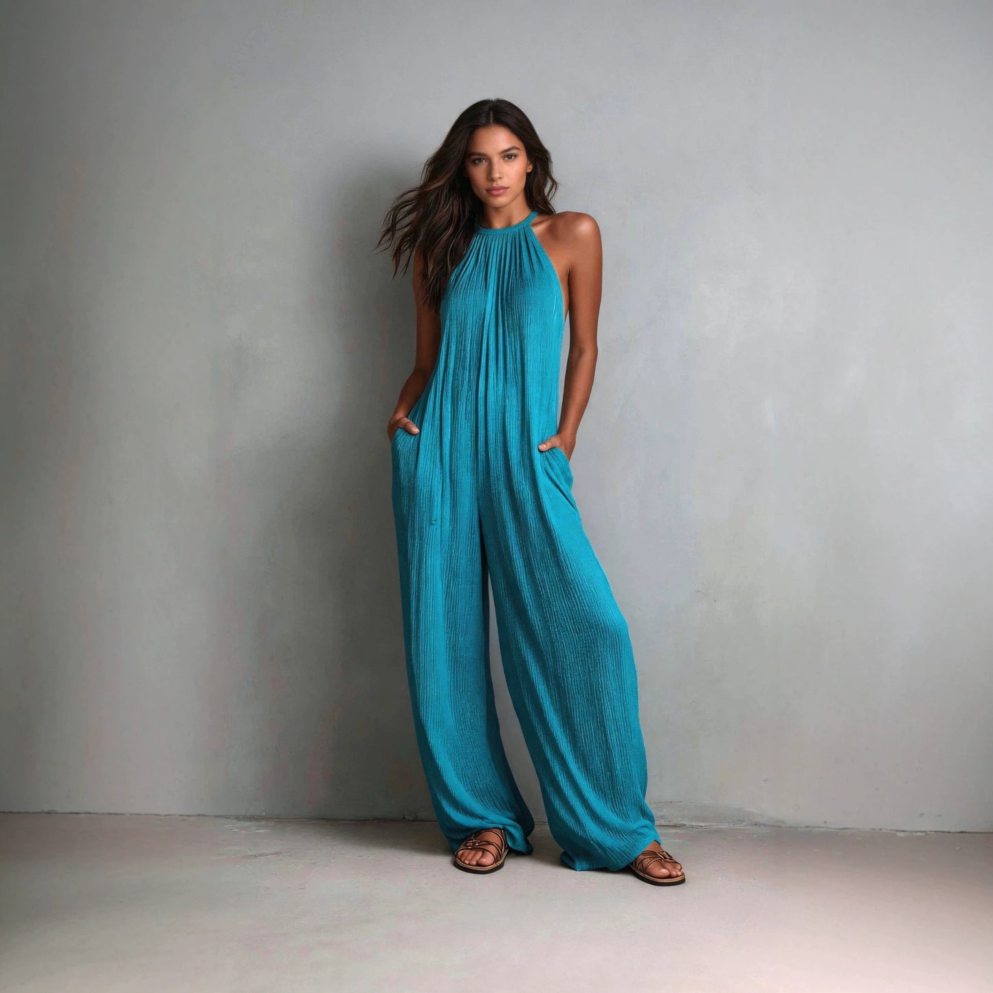 Women's Halter Sleeveless Vacation Style White Pleated Women's Jumpsuit/clothing
