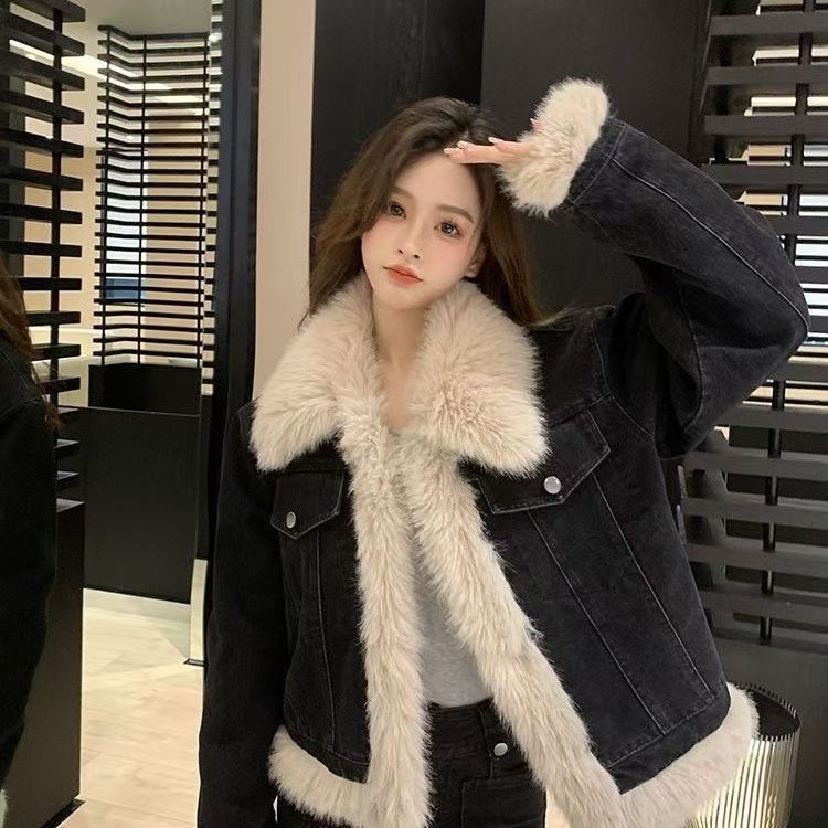 Women's Black Denim Winter Fleece-lined Thickened Imitation Fox Fur Coats