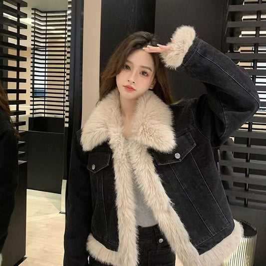 Women's Black Denim Winter Fleece-lined Thickened Imitation Fox Fur Coats