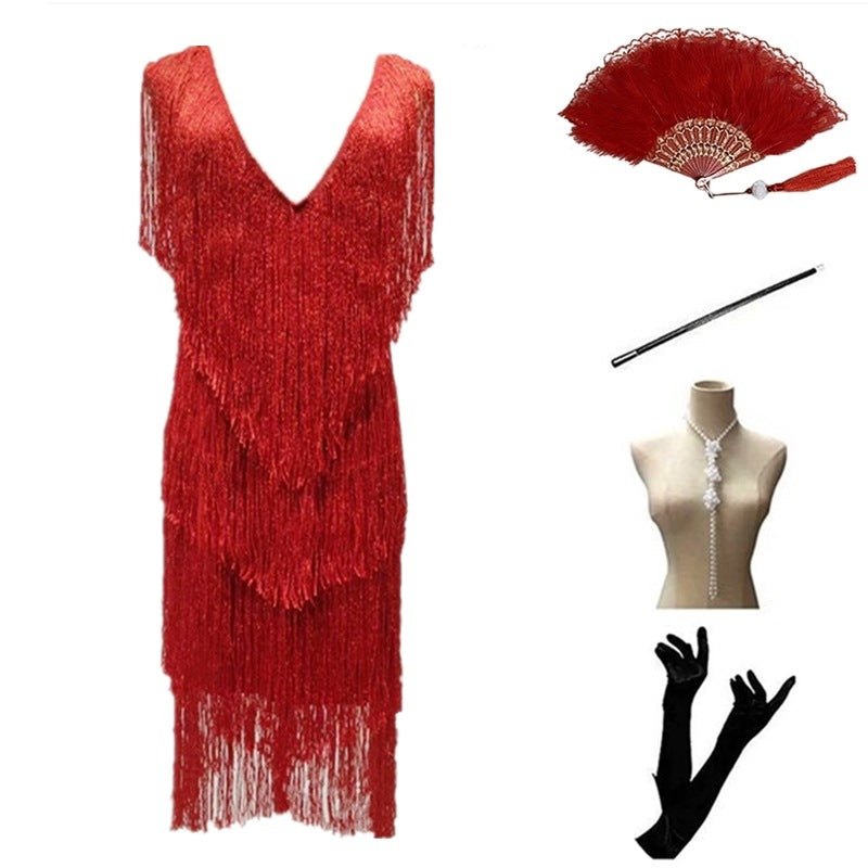 Women's Vintage Sequined Party Dinner Dress Tassel Dresses