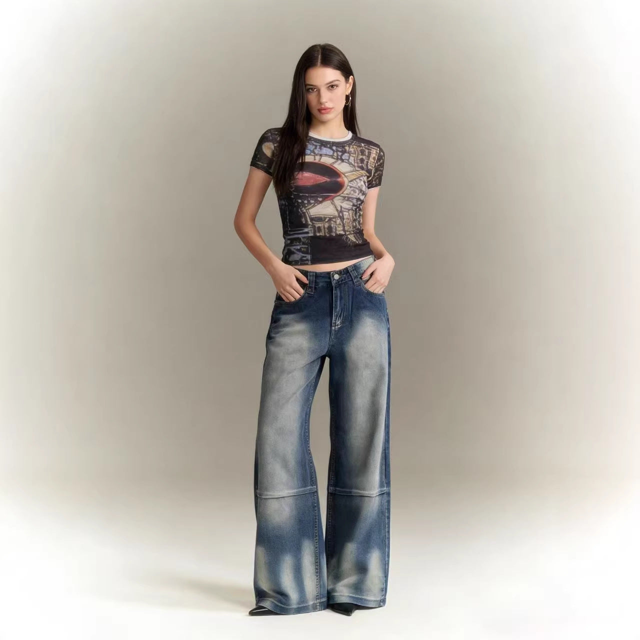 Women's Source Washed Distressed Gradient Wings Printing Retro Loose Women's Jeans