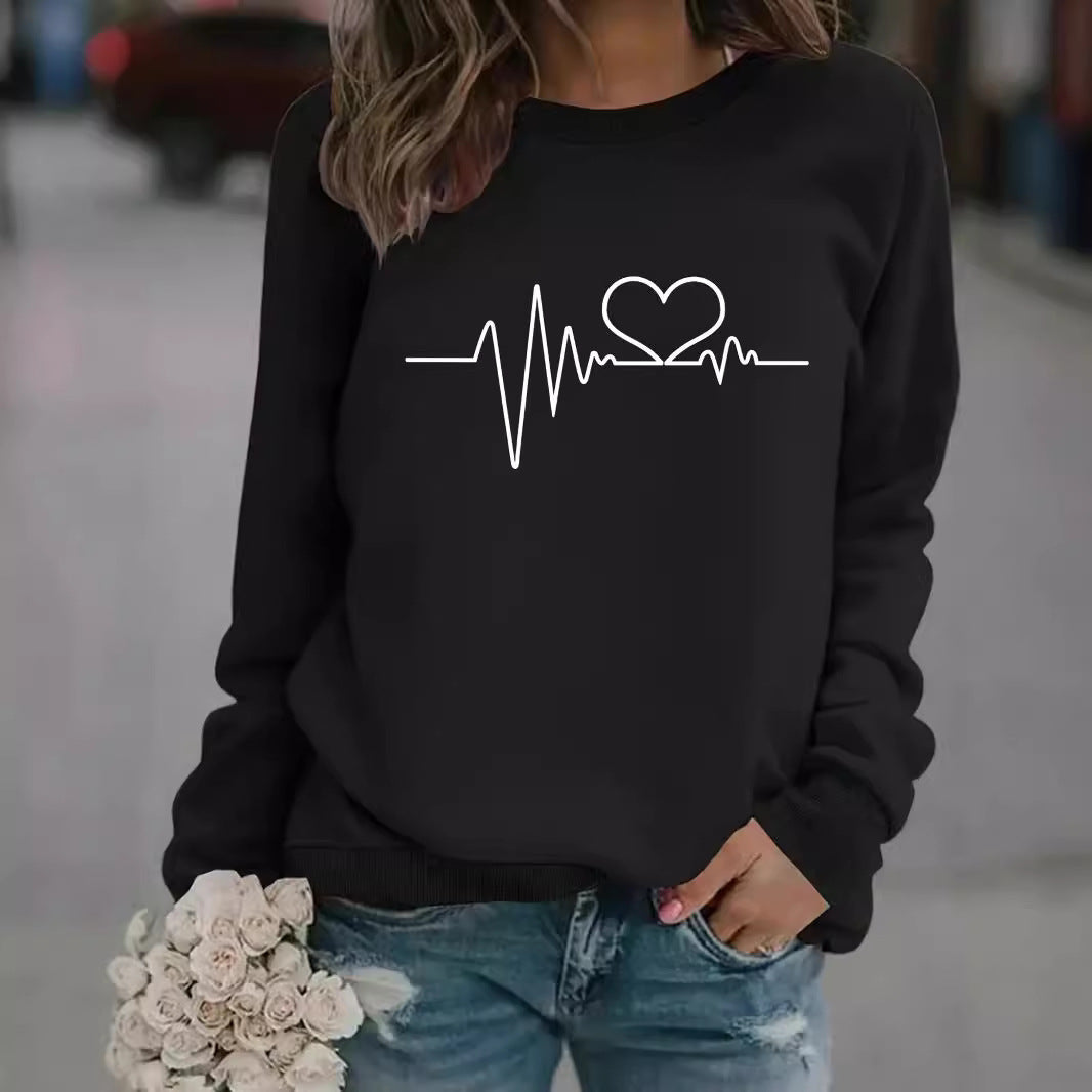 Women's Long-sleeved Round Neck Heartbeat Print Pullover Women's Sweater, Sweater