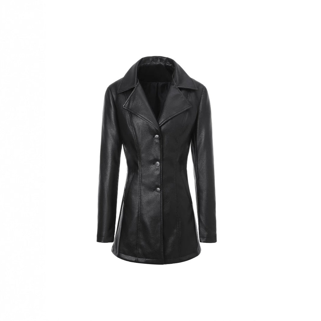 Mid-length Leather Long Sleeve Wind British Female Lapel Jackets
