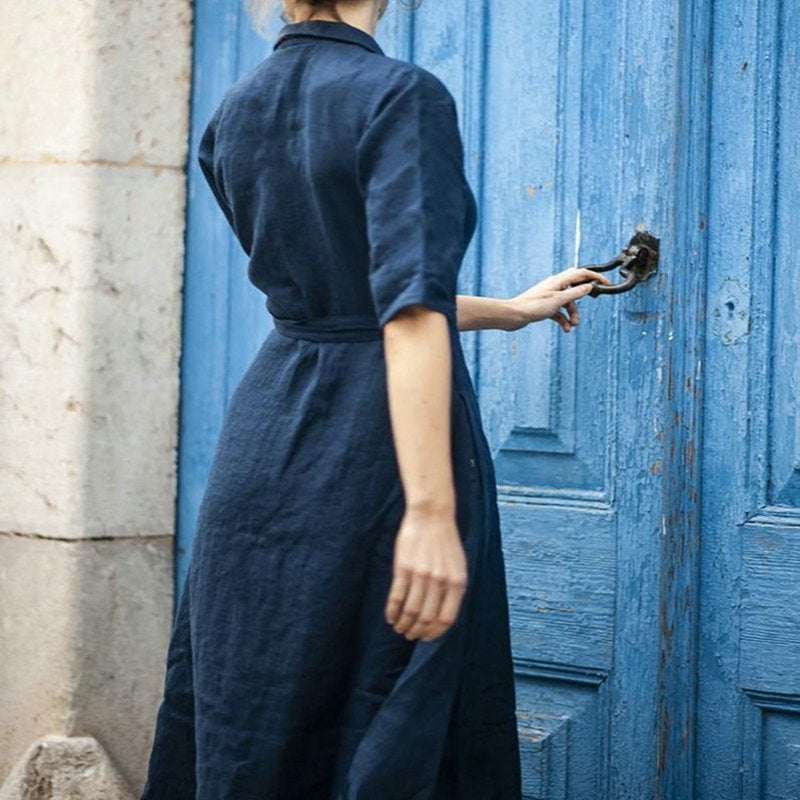 Linen Half Sleeve Turn-down Collar Large Swing Solid Dress