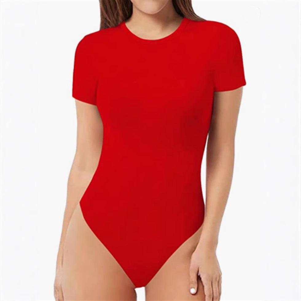 Women's Short-sleeved Round Neck Solid Color Swimsuit Jumpsuits