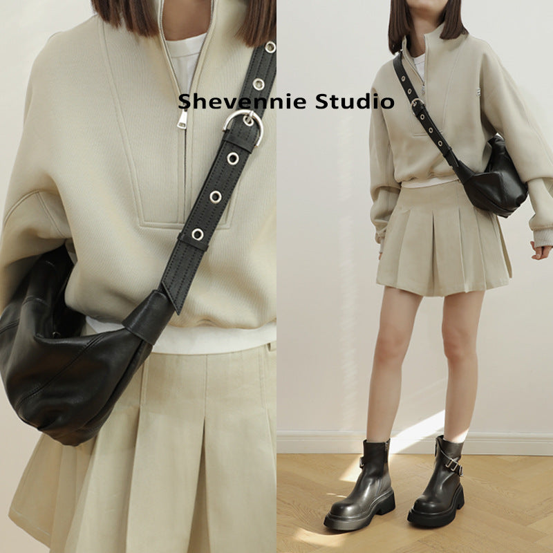 Niche Lazy Commuter Real Leather Wide Crossbody Bags