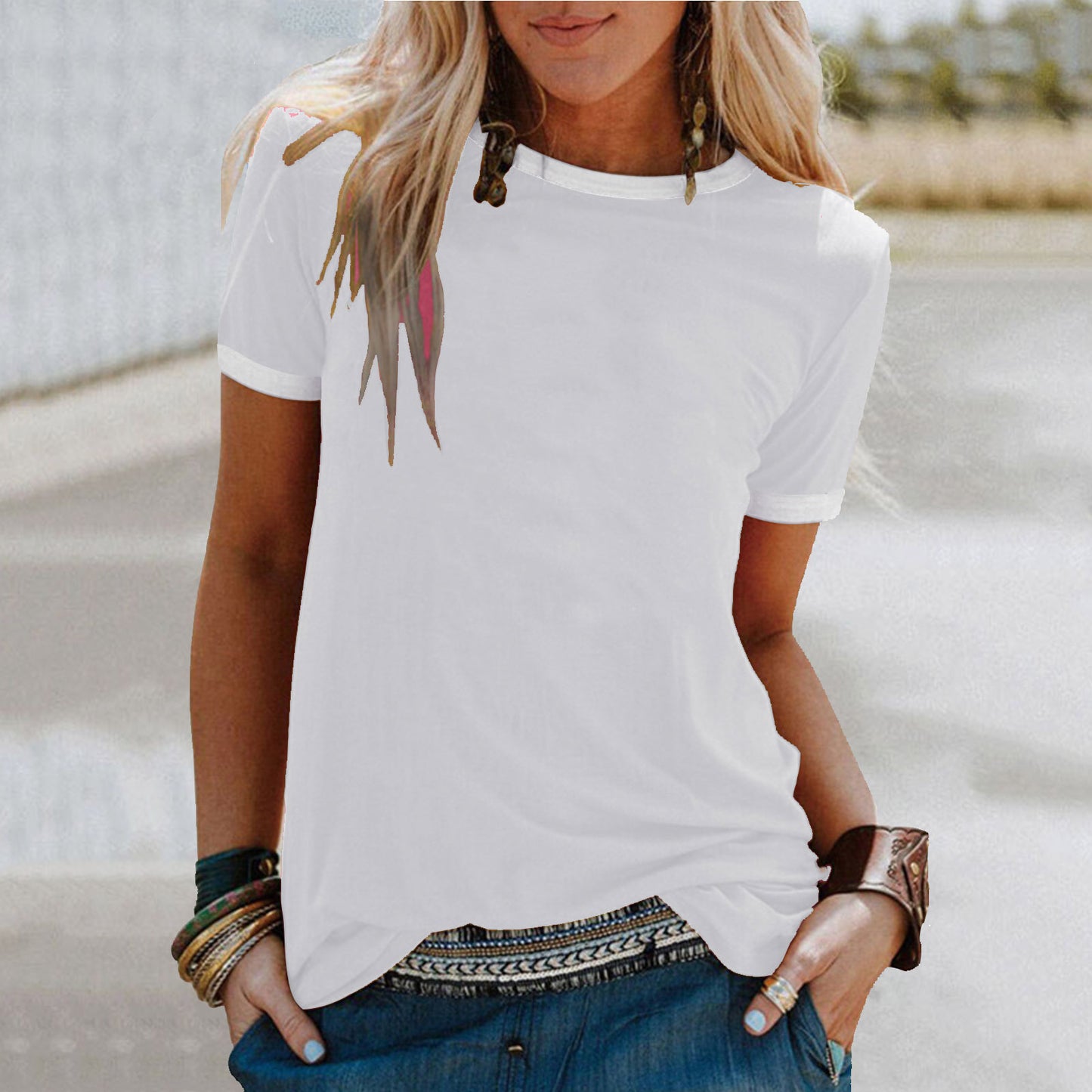 Women's Solid Color Loose Round Neck Sleeve Shorts