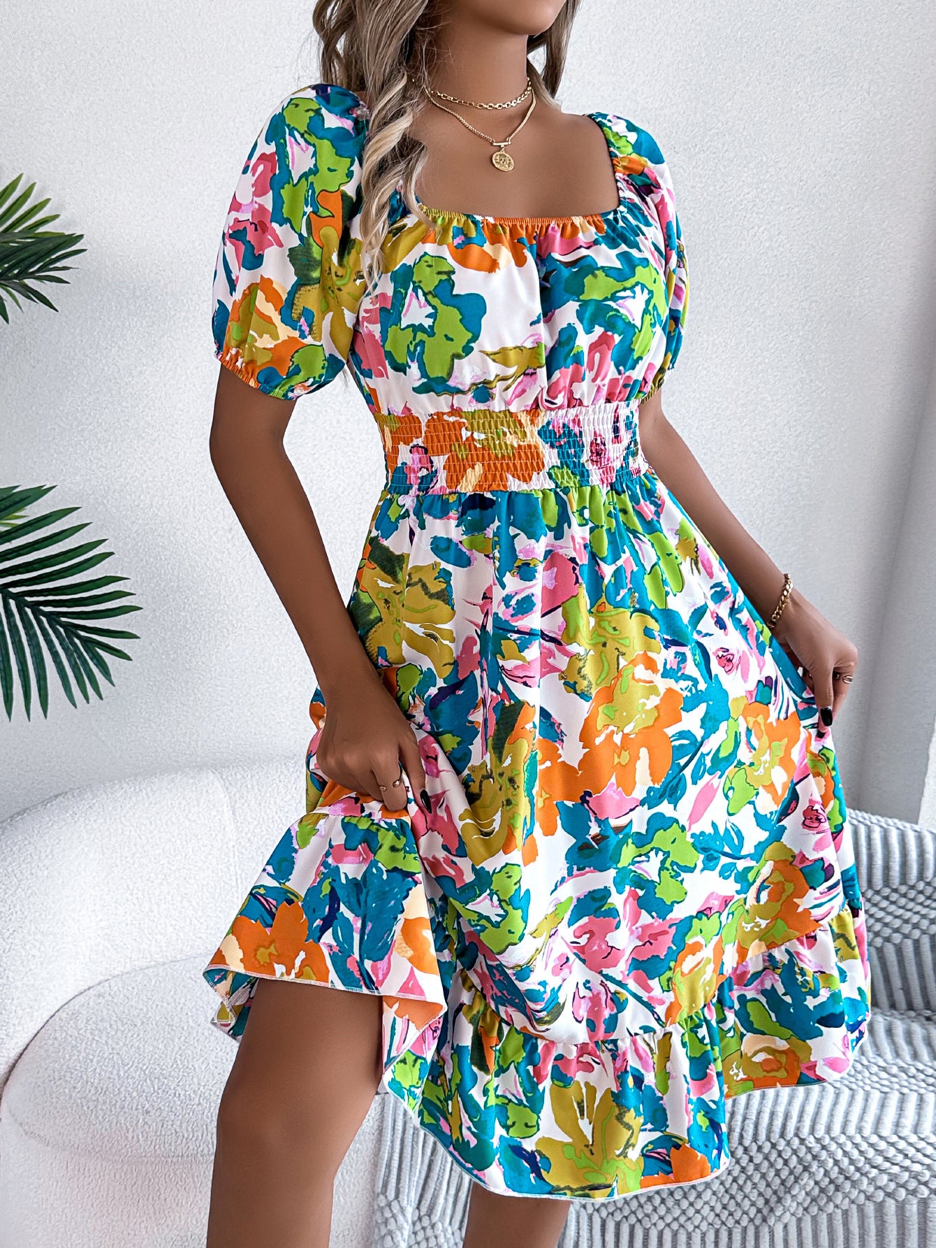 Women's Flower Square Collar Sleeve Waist Trimming Ruffles A- Shorts