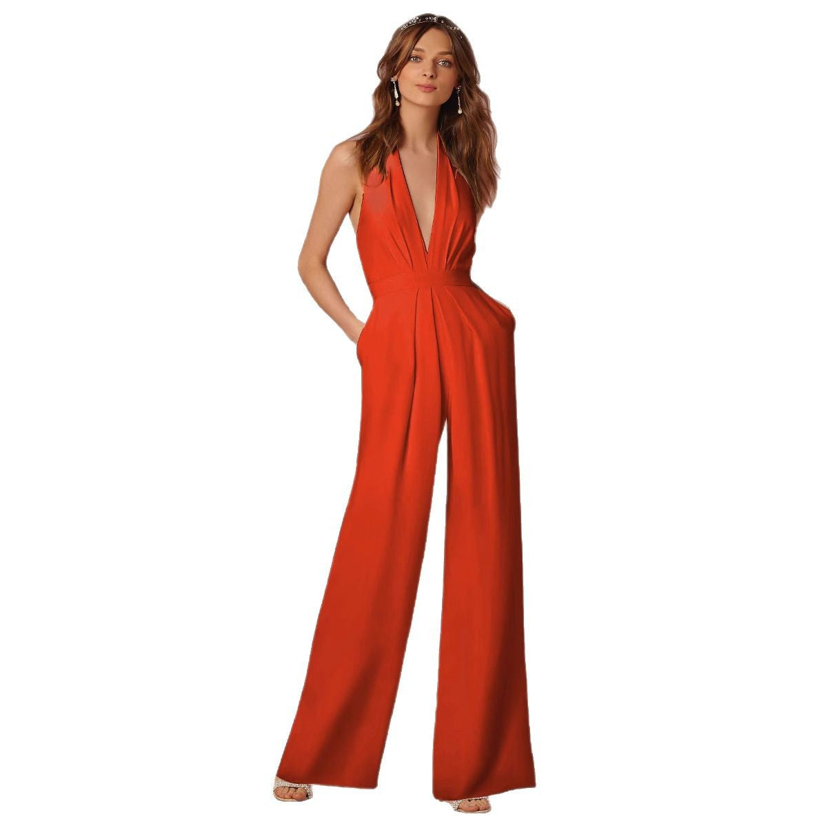 Solid Color Elegant Halter Sleeveless Long Women's Jumpsuit/clothing