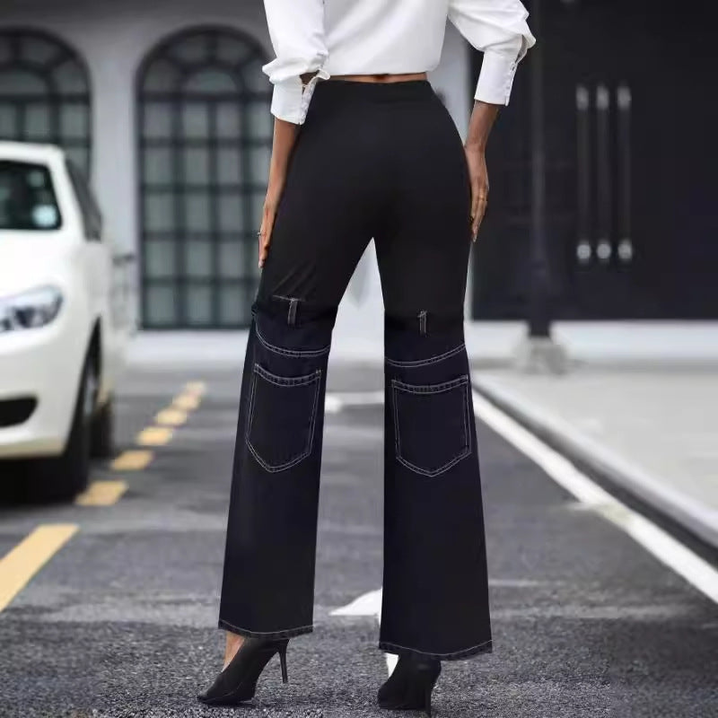 Slim Knit Denim Stitching Elastic Waist Pants