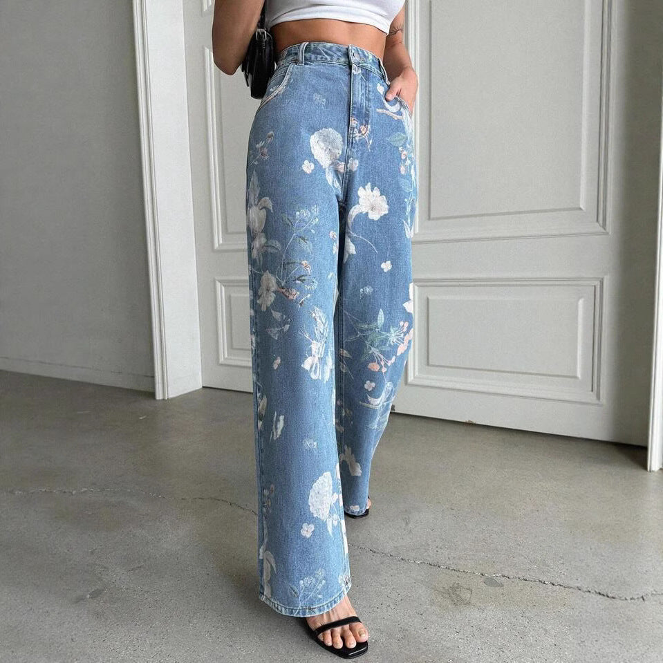 Women's Blue Floral Printed Summer Design High Jeans