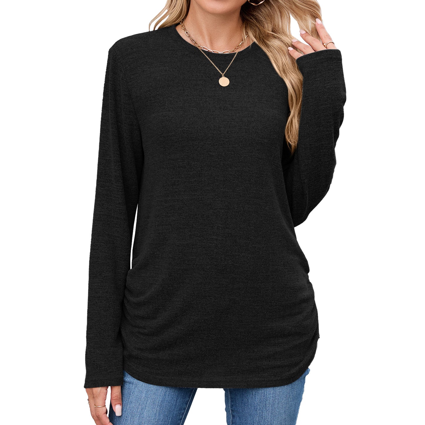 Women's Solid Color Round Neck Loose Long-sleeved Women's T-shirt