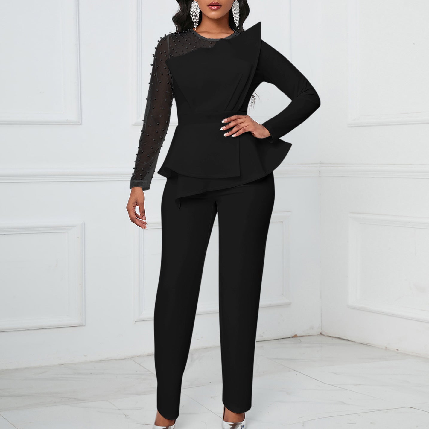 Long Sleeve Temperament Mesh Splicing Beads Slimming Women's Jumpsuit/clothing