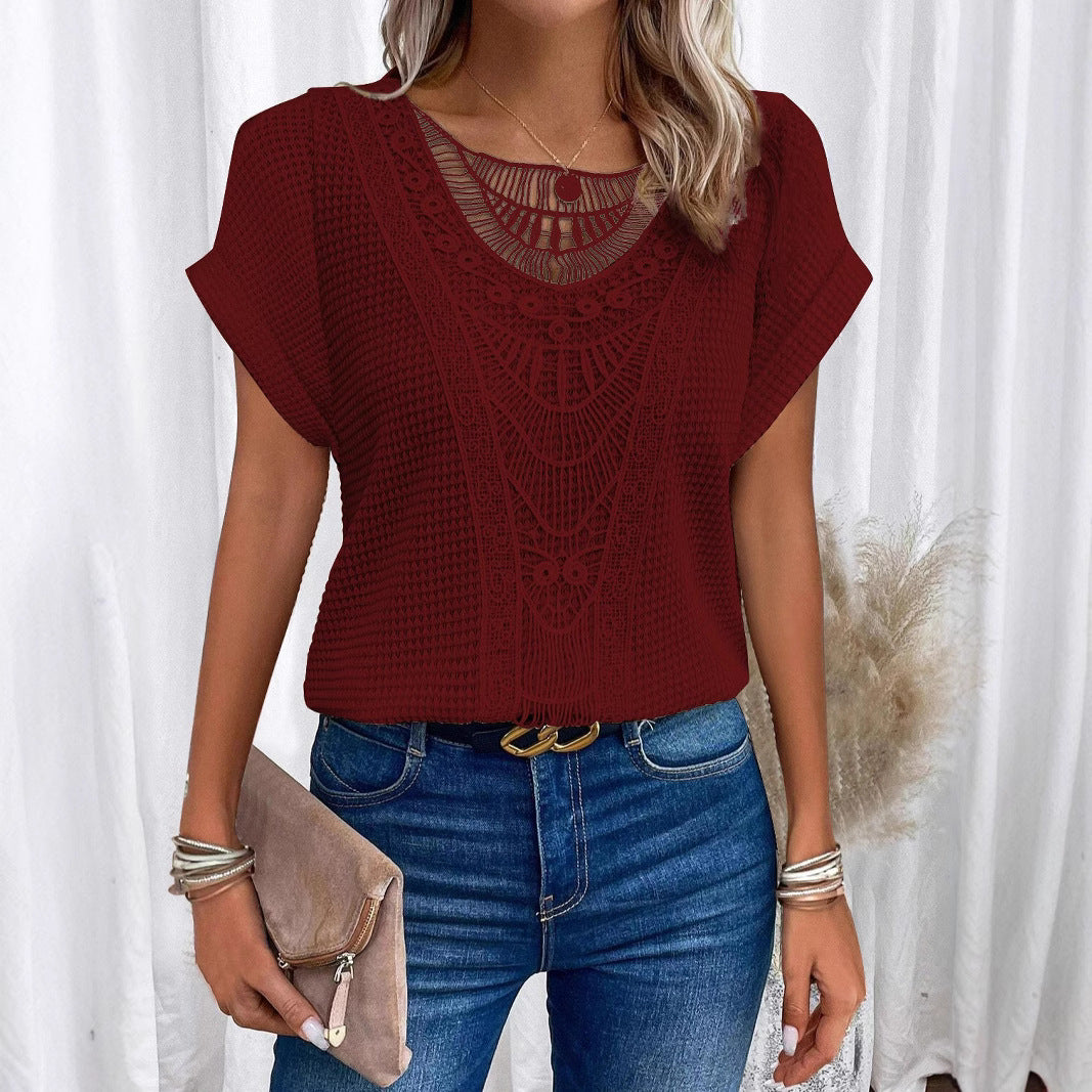 Pretty Fashion Women's Lace Patchwork Short-sleeved Women's T-shirt