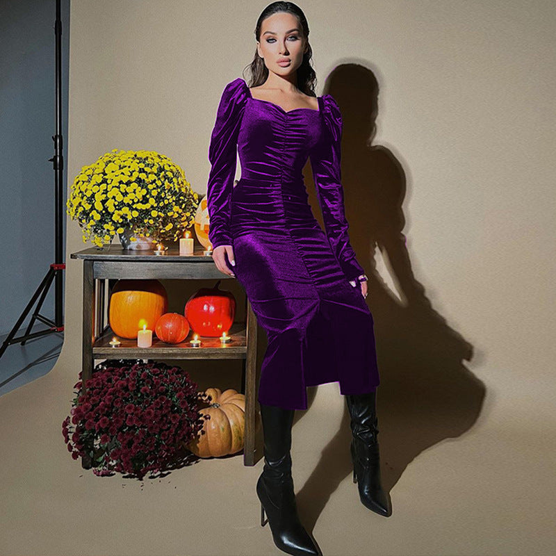 Women's Autumn Fashionable Elegant Pleated Slim Fit Slit Dress
