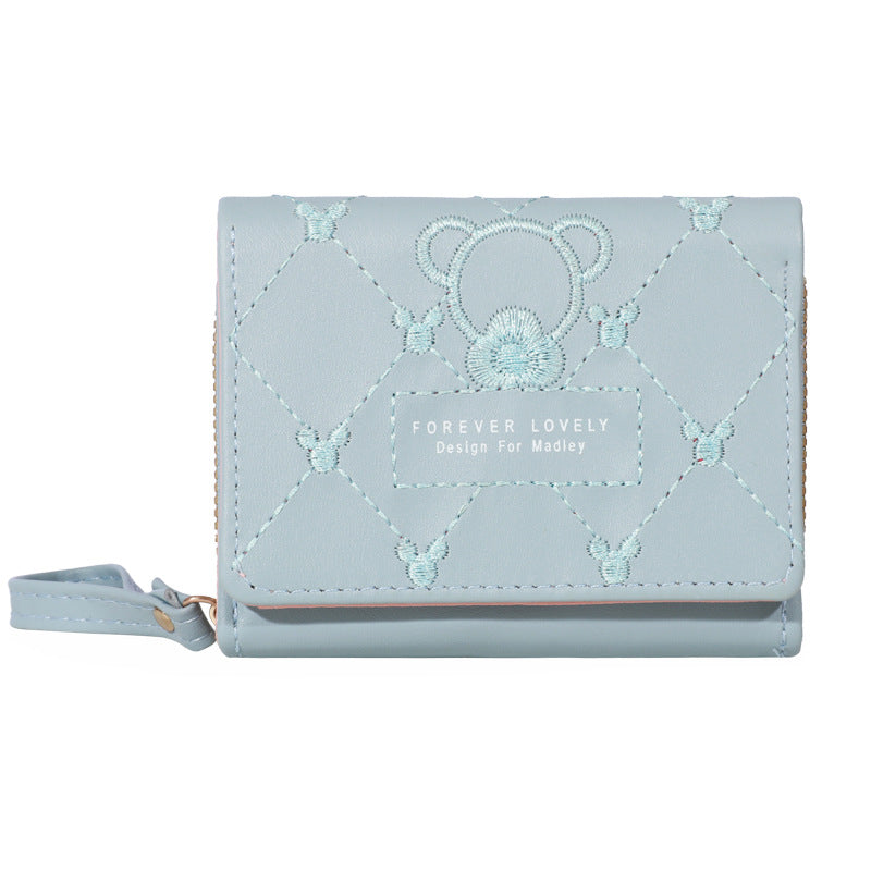 Women's Korean Embroidered Short Zipper Tri Fold Purses