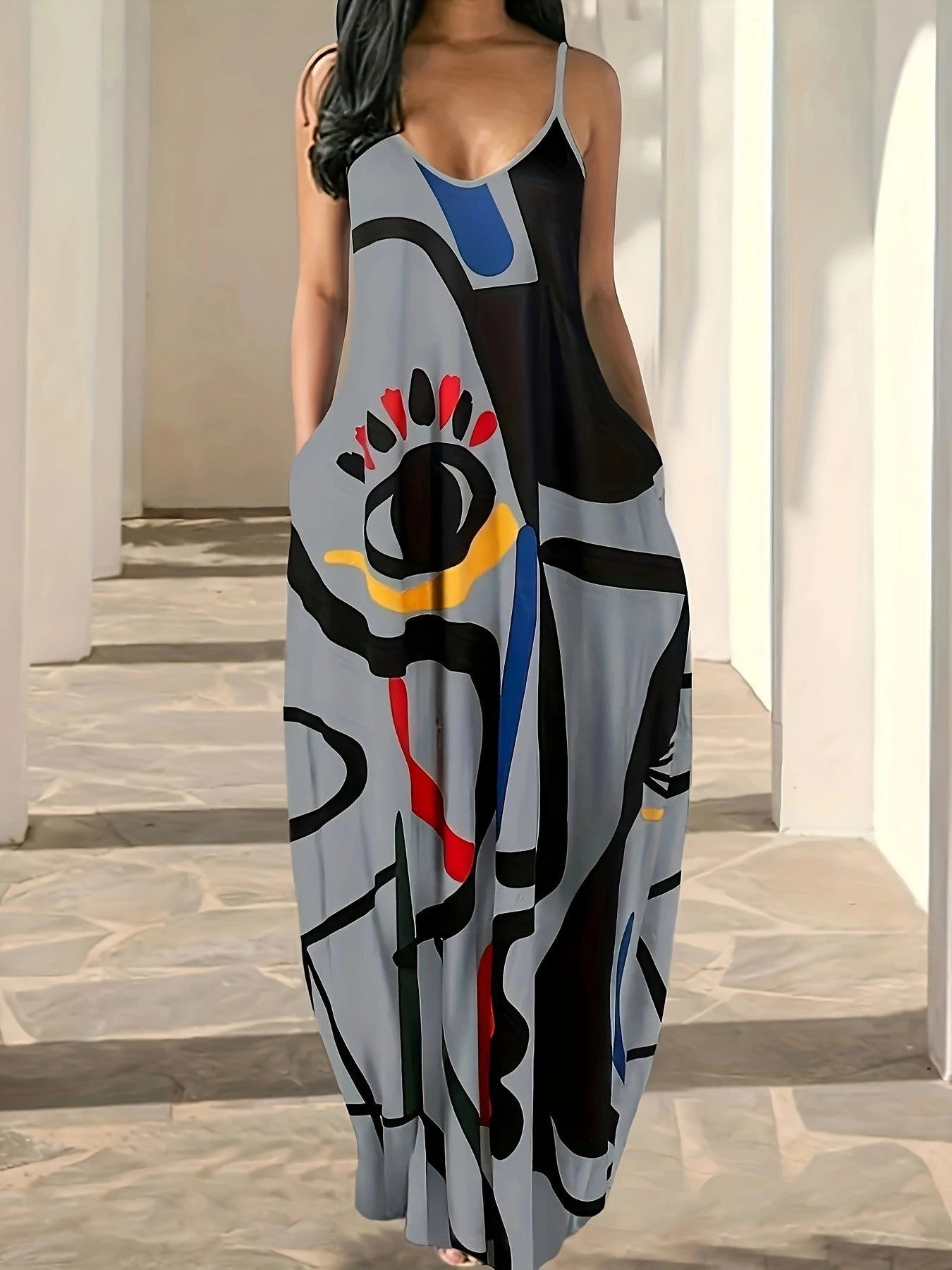 Summer Cool Sling Fashion Deep V Abstract Face Style Digital Dress