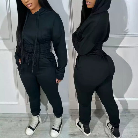 Full Solid Color Waist Hooded Jogging Blouses