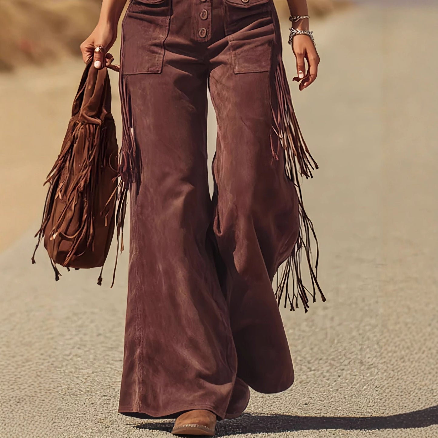 Women's Retro Western Suede Fringed Overalls Trousers Pants