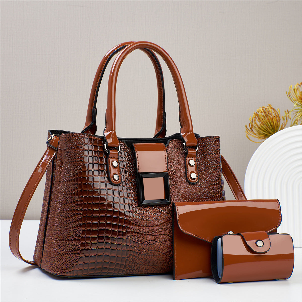 2 High-grade Three-piece Bright Leather Lizard Handbags
