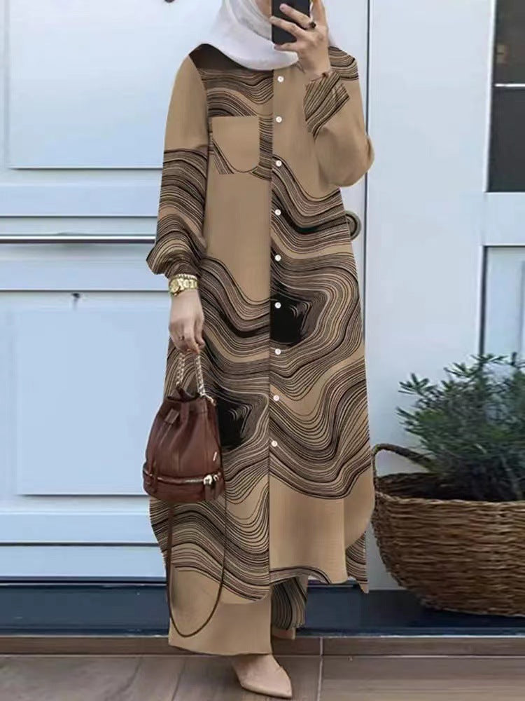 Women's Muslim Temperament Patchwork Long Sleeve Lapel Blouses