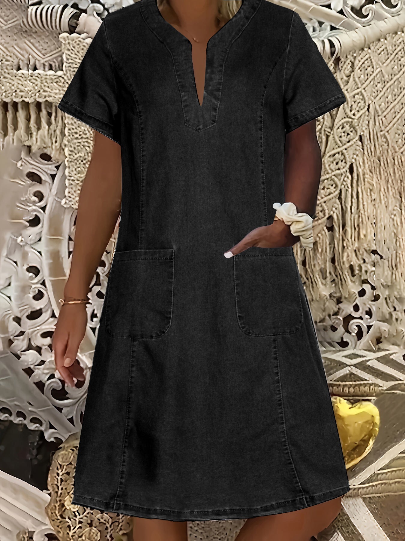 Women's Denim Dress With Collar Pleated Pockets Dresses