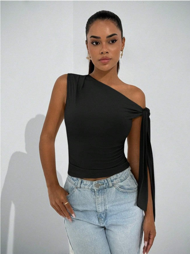 Women's Summer Fashion Street Shooting Ribbon Knot Oblique Tie Solid Color Women's T-shirt