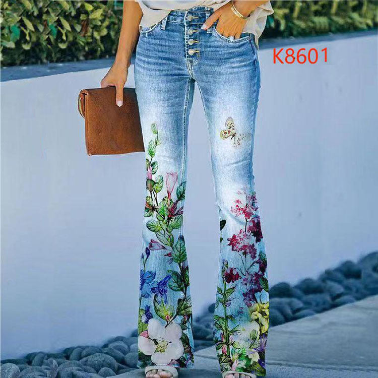 Elegant Slimming Digital Printing Imitation Denim Women's Jeans