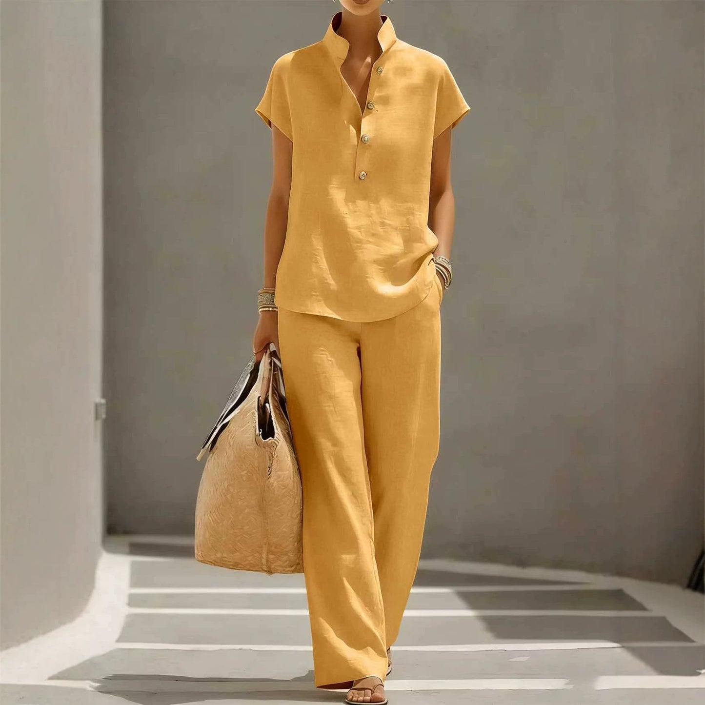 Women's Two-piece Summer Solid Color Sleeve Shirt Trousers Shorts