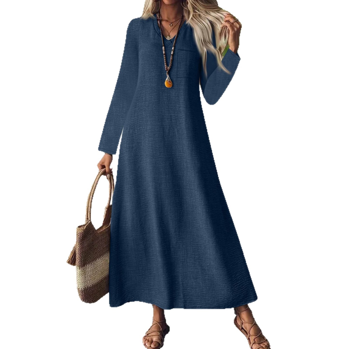 Summer Back Zipper Cotton Linen Solid Color Dress
