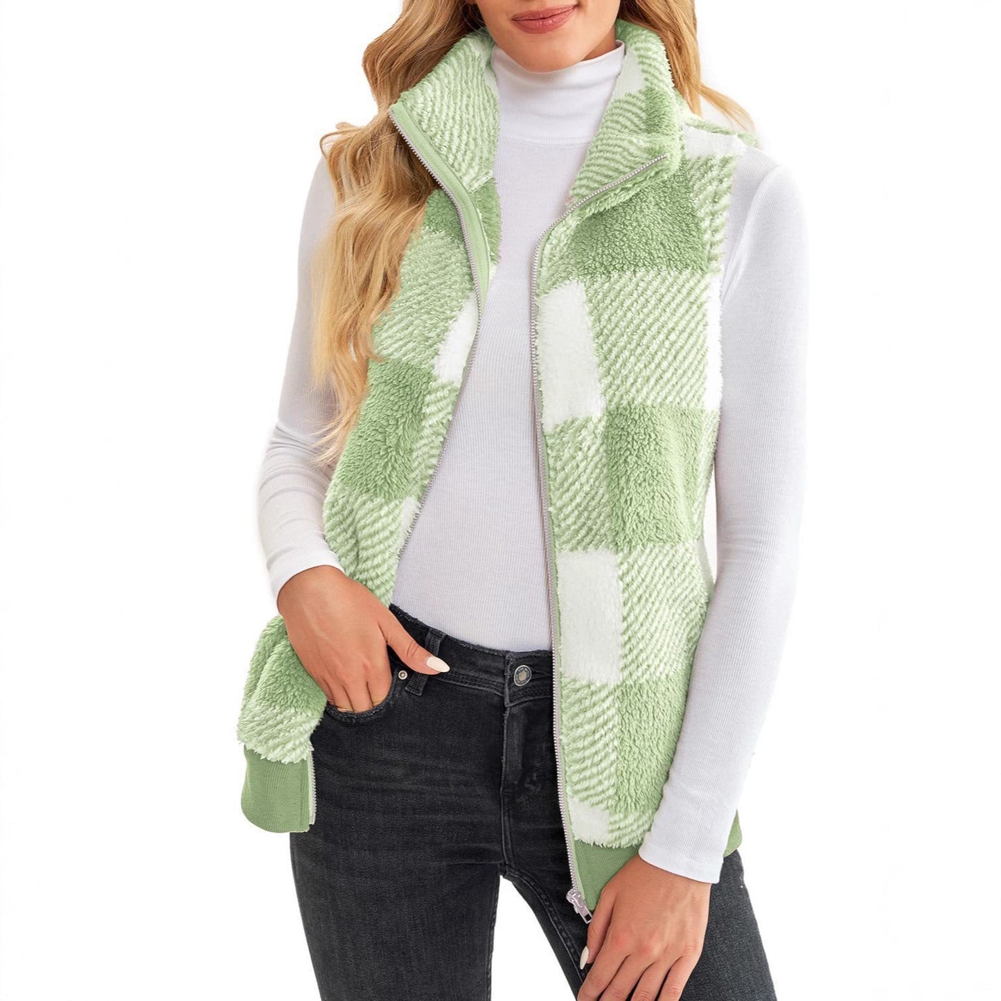 Women's Waistcoat Comfortable Veet Plaid Stand Collar Zipper Women's Vest