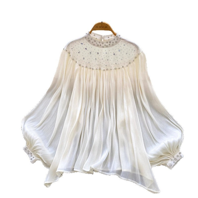 Rhinestone Lantern Sleeve Tassel Gauzy Shirt Blouses