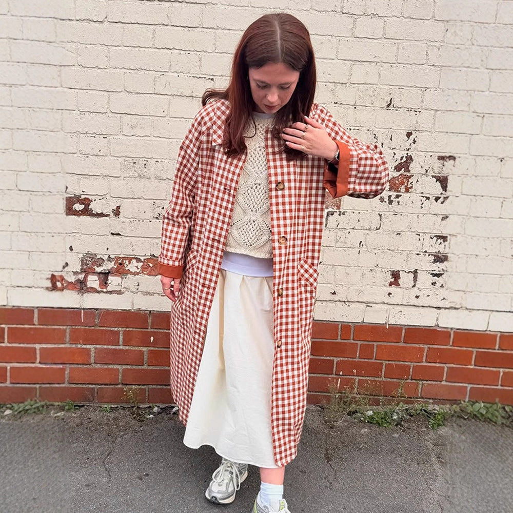 Women's Temperament Elegant Loose Lapel Plaid Long Coats