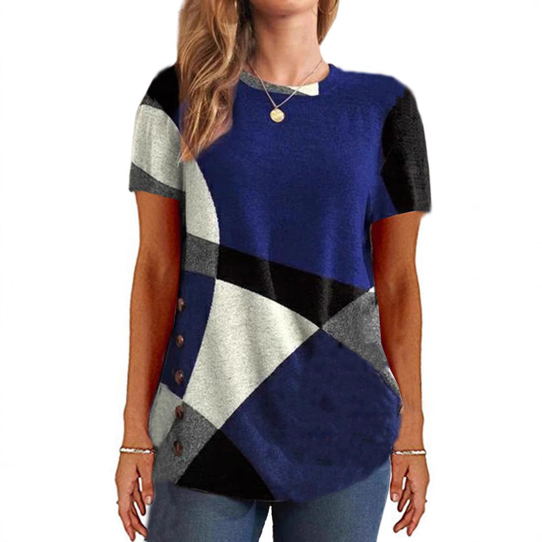 Women's French Cashmere Printing Color Contrast Sleeve Women's T-shirt
