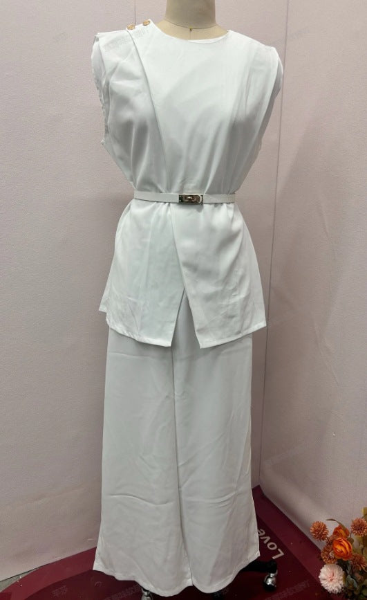 Women's Solid Color Round Neck Sleeveless High Waist Wide Leg Suits