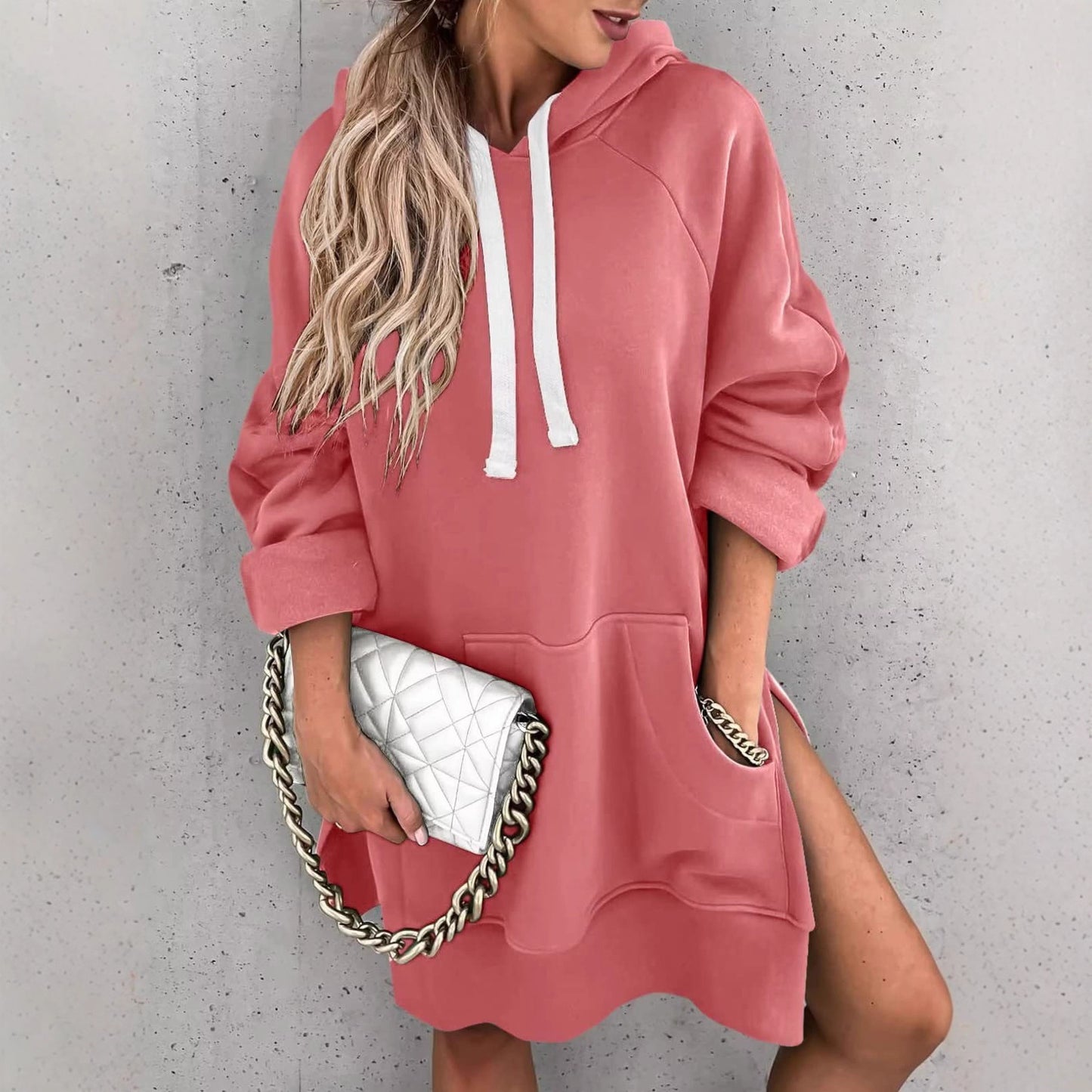 Women's Solid Color Casual Hooded Mouse Bag Rope Brushed Women's Sweater, Sweater