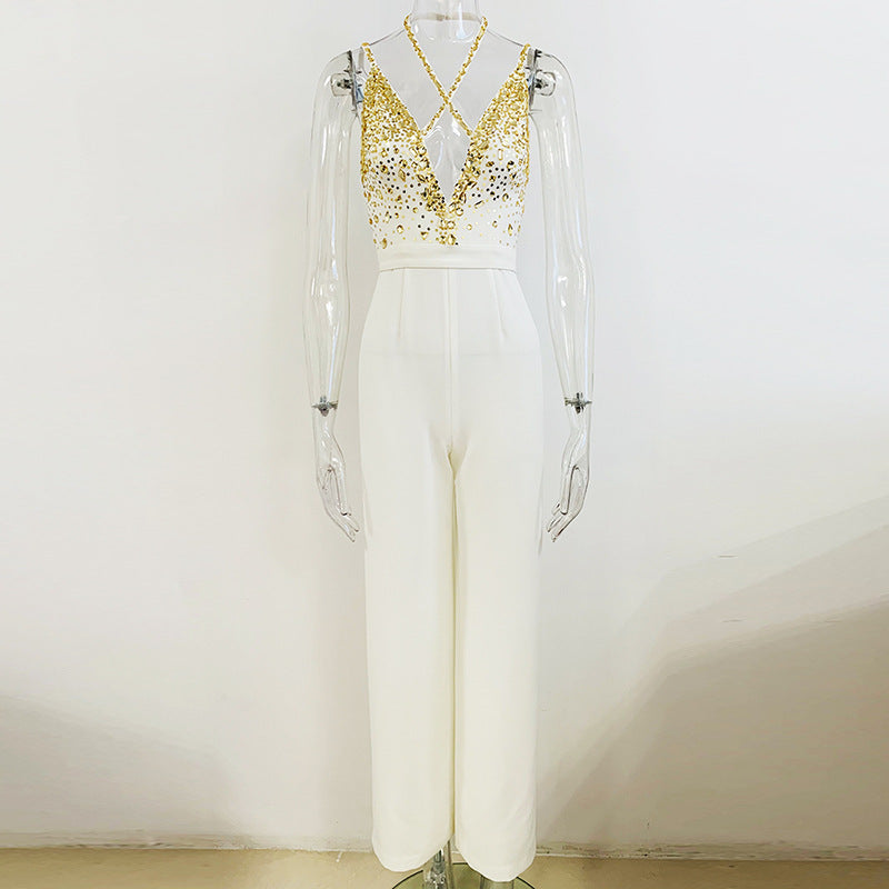 Fashion Handmade Beaded Sequins Sexy V Sling Women's Jumpsuit/clothing