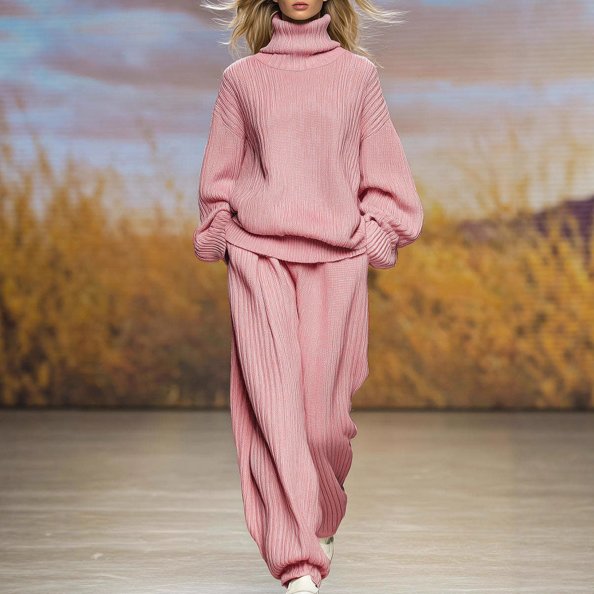 Leisure Knitted Loose Turtleneck Wide Leg Suits