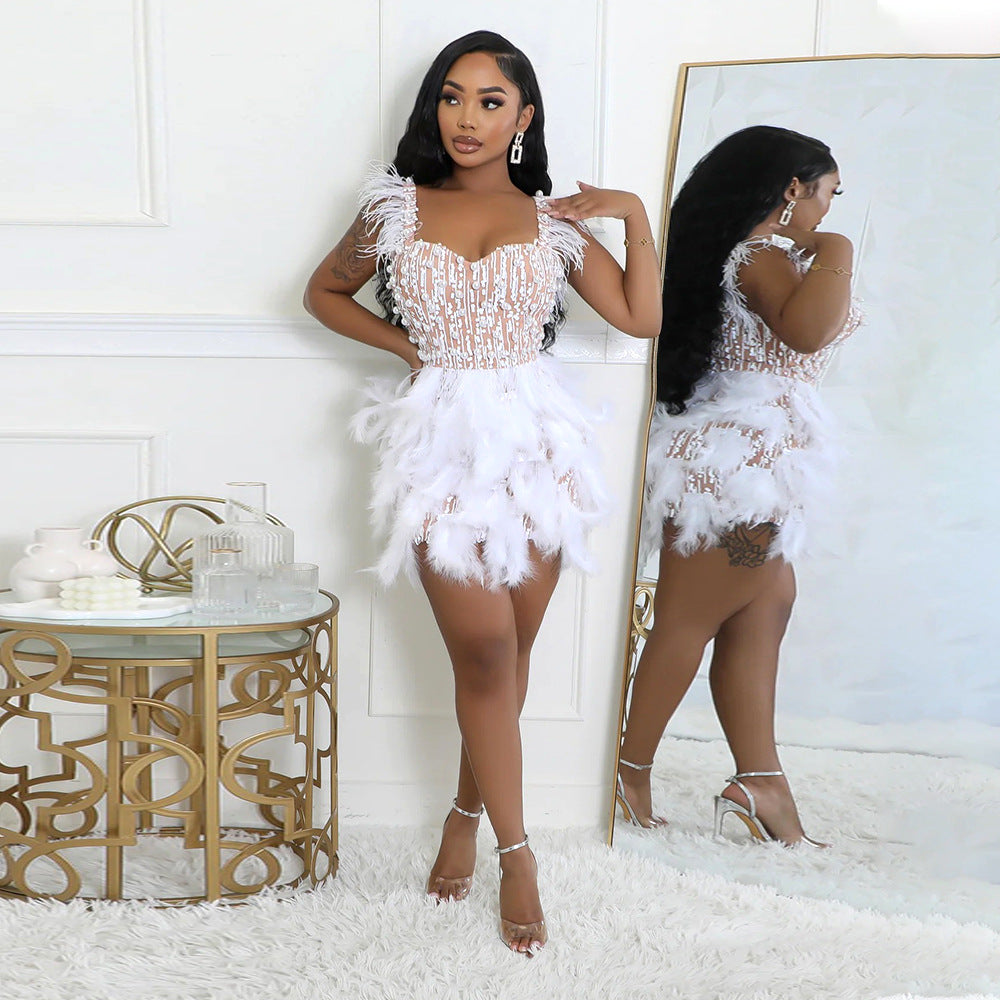 Beaded Feather Tight Waist Dress Luxury Dresses